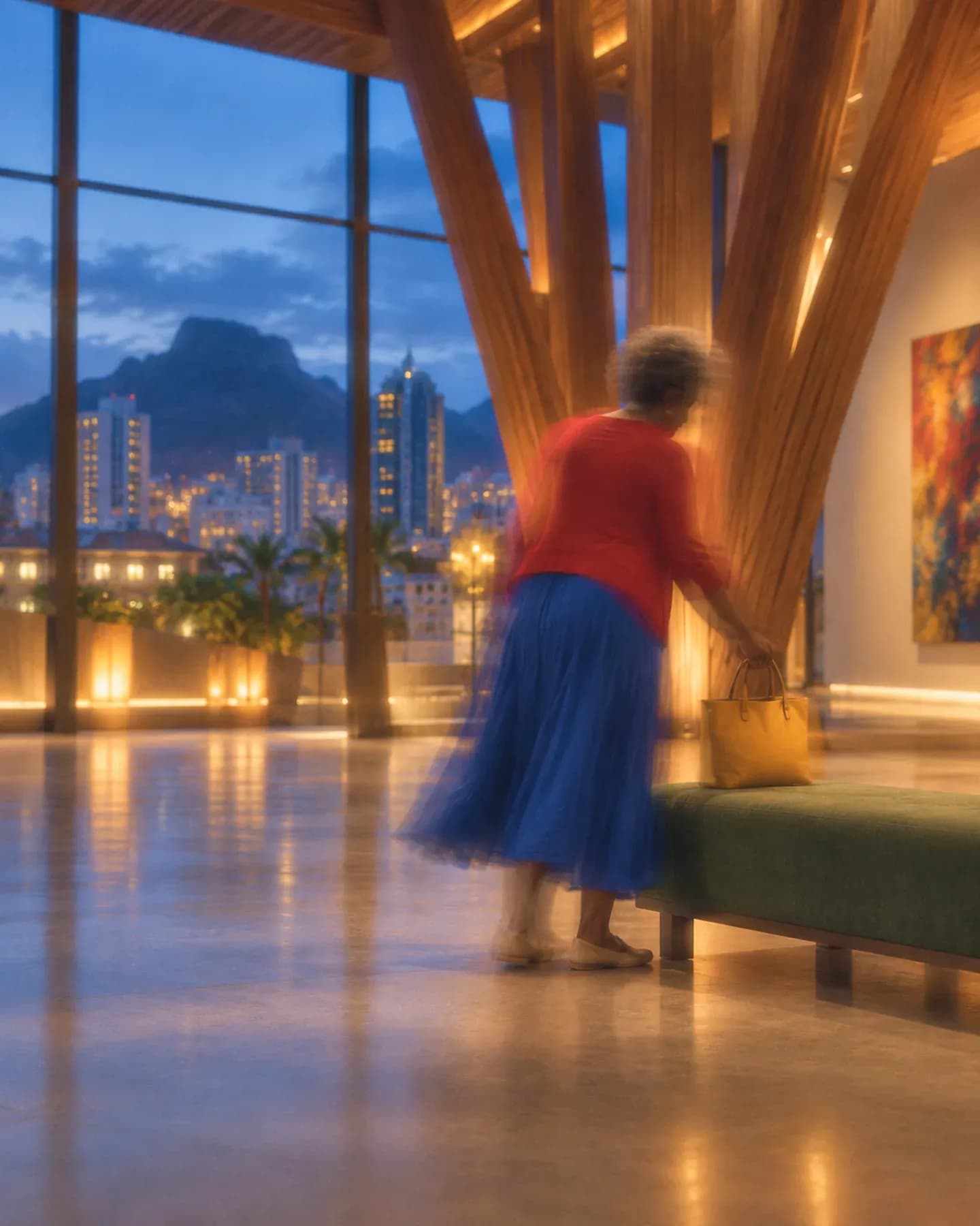 A woman in a blue dress and red cardigan stands beside a green bench in the timber lined foyer of Caudan Arts Centre in Port Louis.
