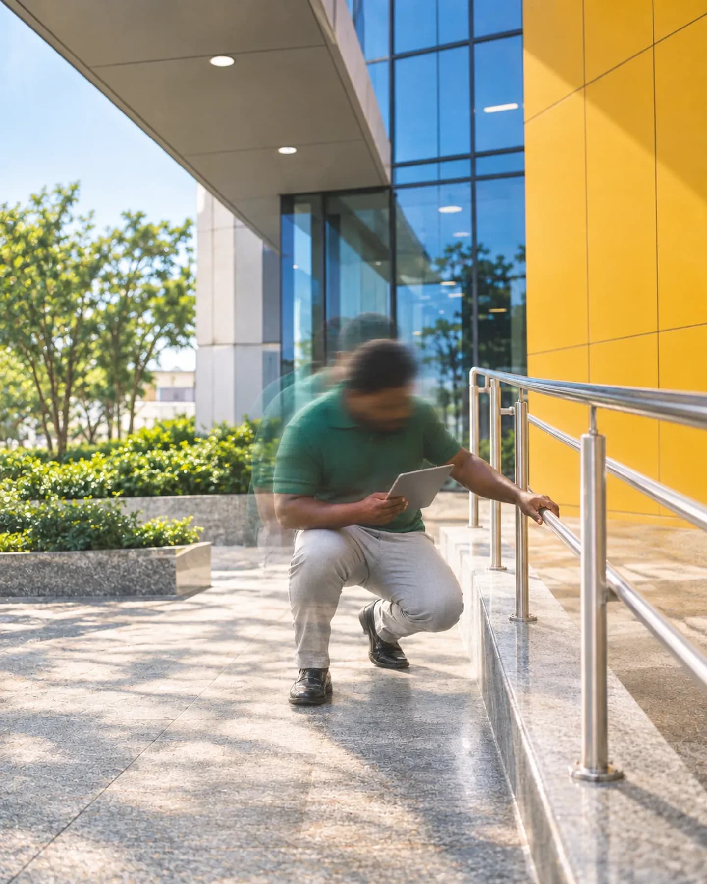 A man in a green shirt crouches beside a steel handrail and checks it against a tablet, outside a building with a yellow wall.