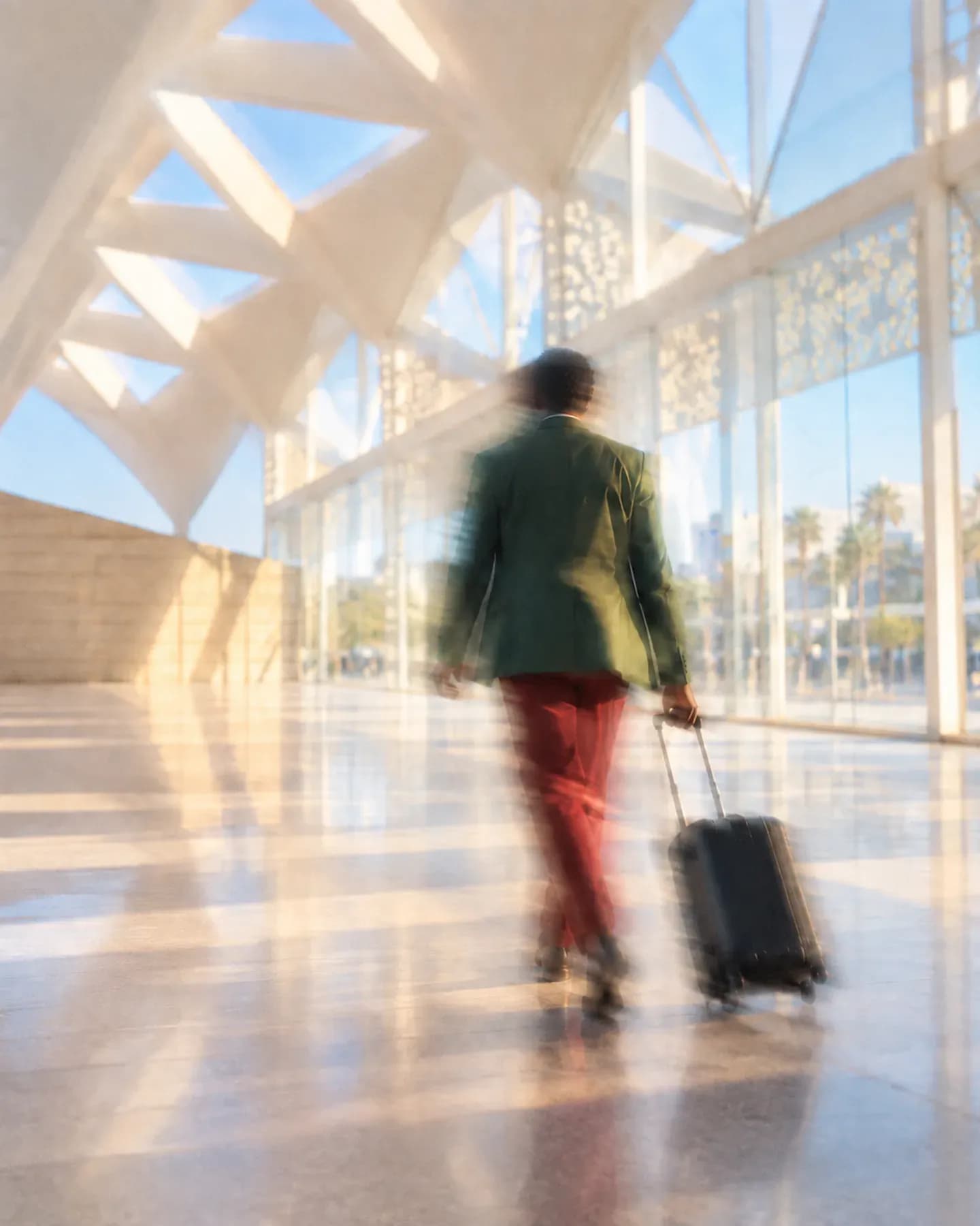 A man in a green jacket and red trousers pulls a black suitcase through Rabat Agdal station's angular white concourse.