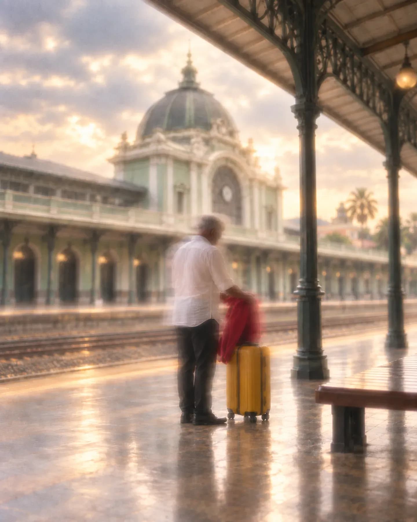 A man in a white shirt rests a red jacket on a yellow suitcase beside Maputo Central railway station's domed facade.