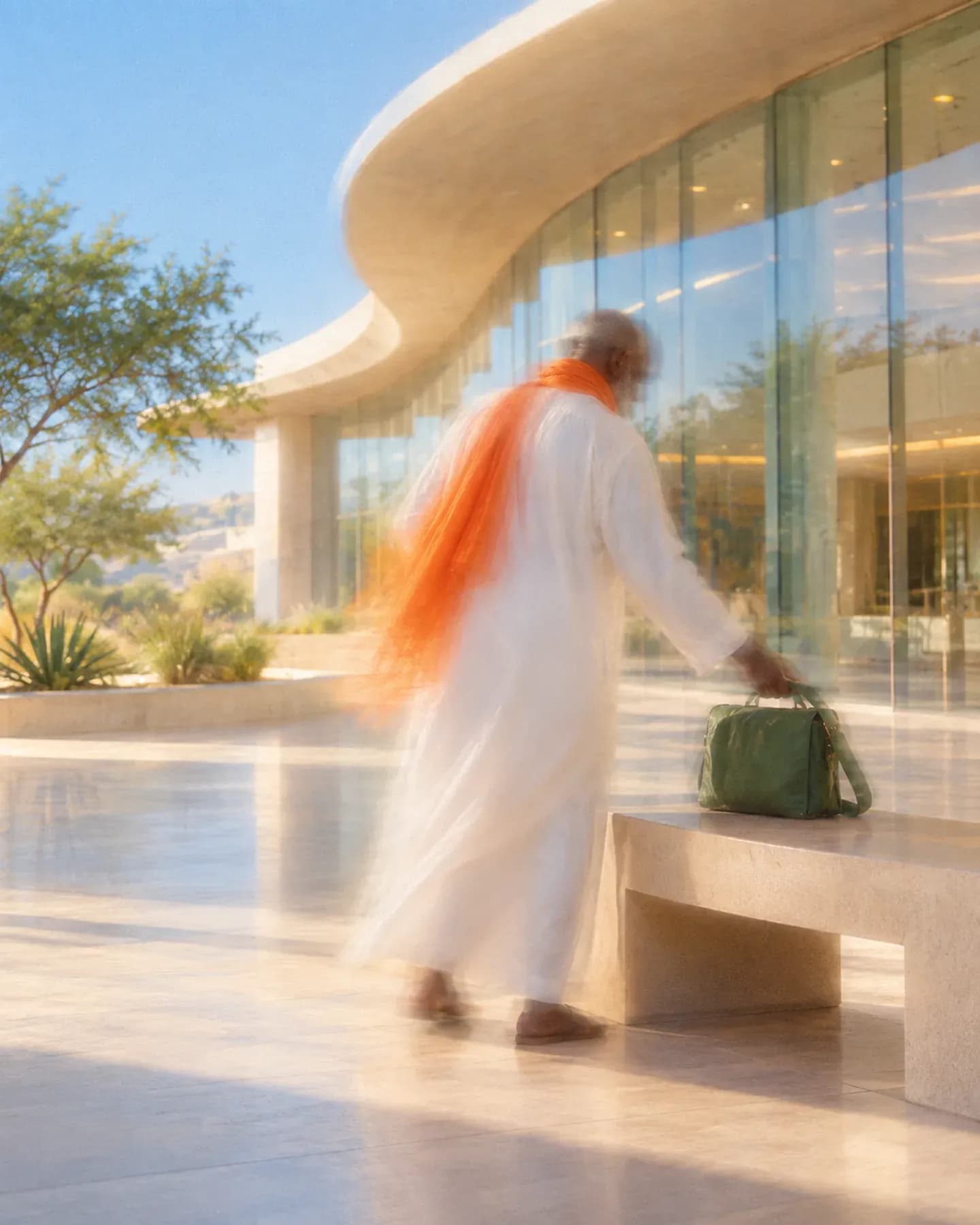 A man in a white kaftan and orange scarf sets a green bag on a bench at Mahatma Gandhi International Conference Centre in Niamey.