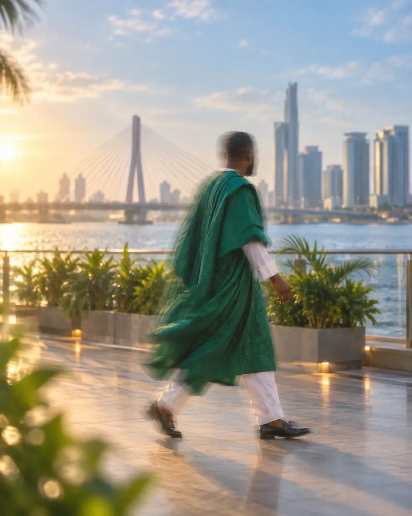 A man in a flowing green agbada walks beside the Lagos lagoon, with the Lekki Ikoyi Link Bridge and Ikoyi towers beyond.