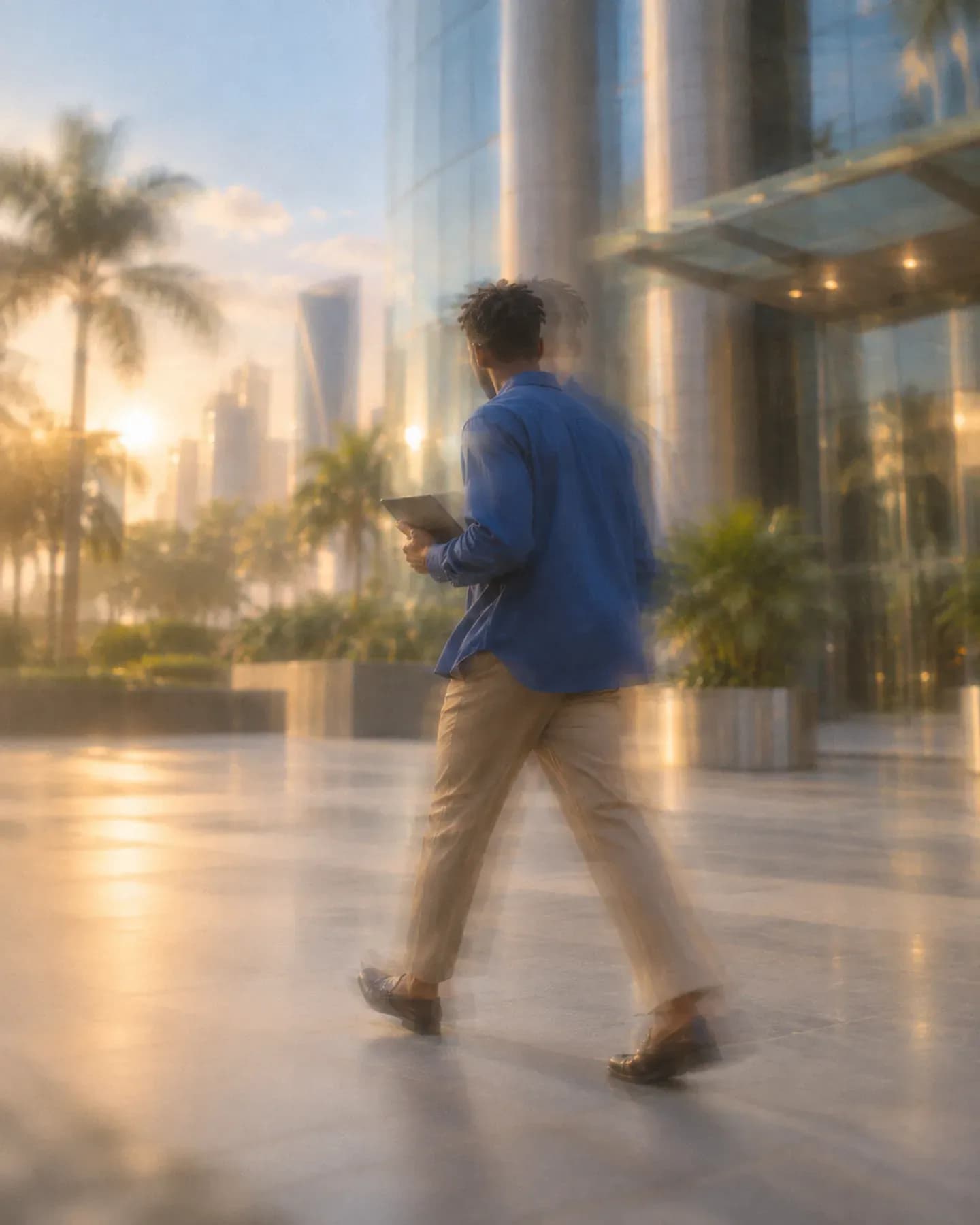 A man in a blue shirt carries a tablet past a glass office entrance, palm trees and towers in the morning sun.