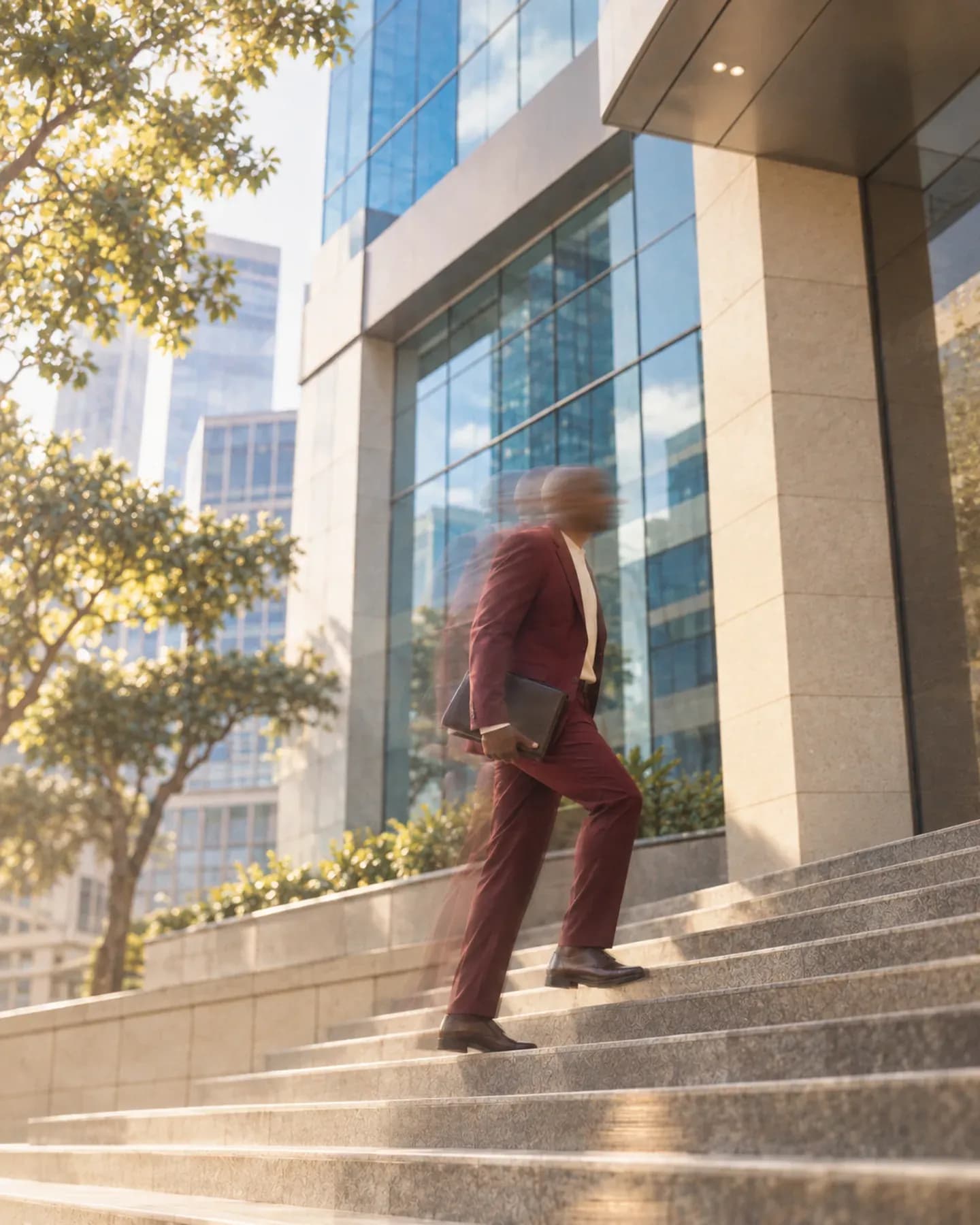 A man in a maroon suit carrying a folder climbs wide stone steps outside a glass office building.