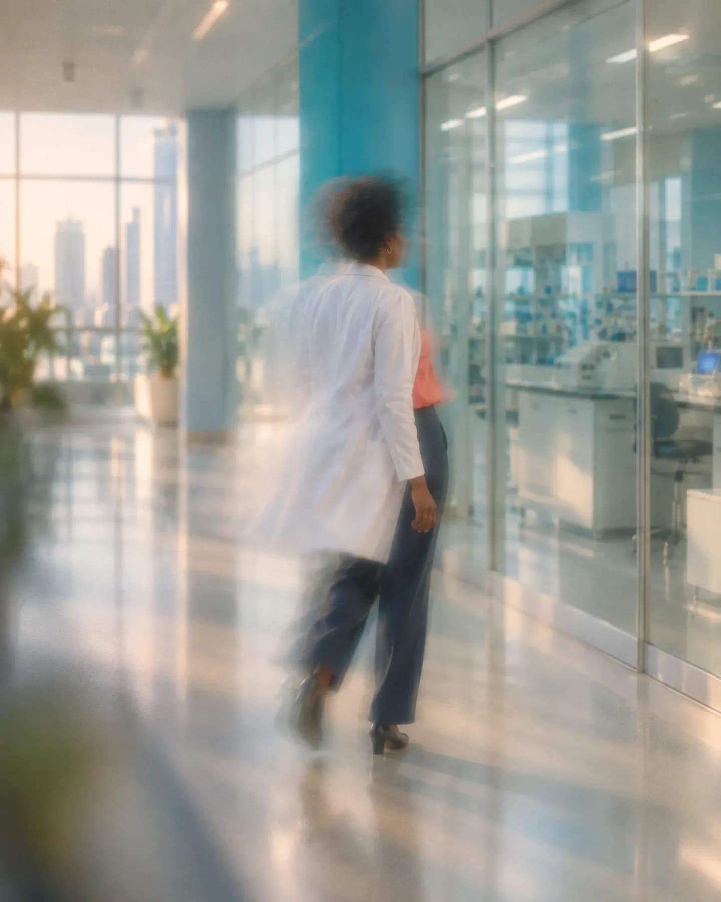 A woman in a white lab coat walks quickly along a glass-walled laboratory corridor.