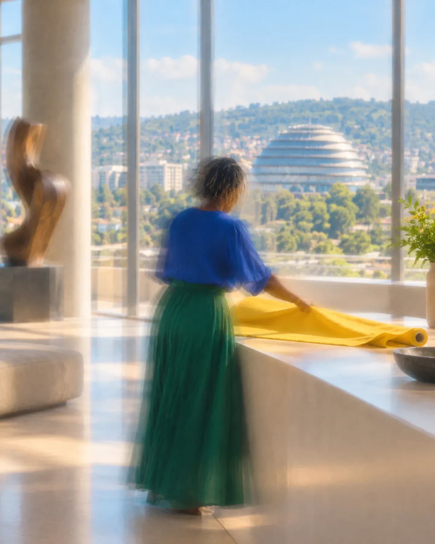 A woman in a blue blouse spreads yellow fabric on a counter overlooking the dome of Kigali Convention Centre.