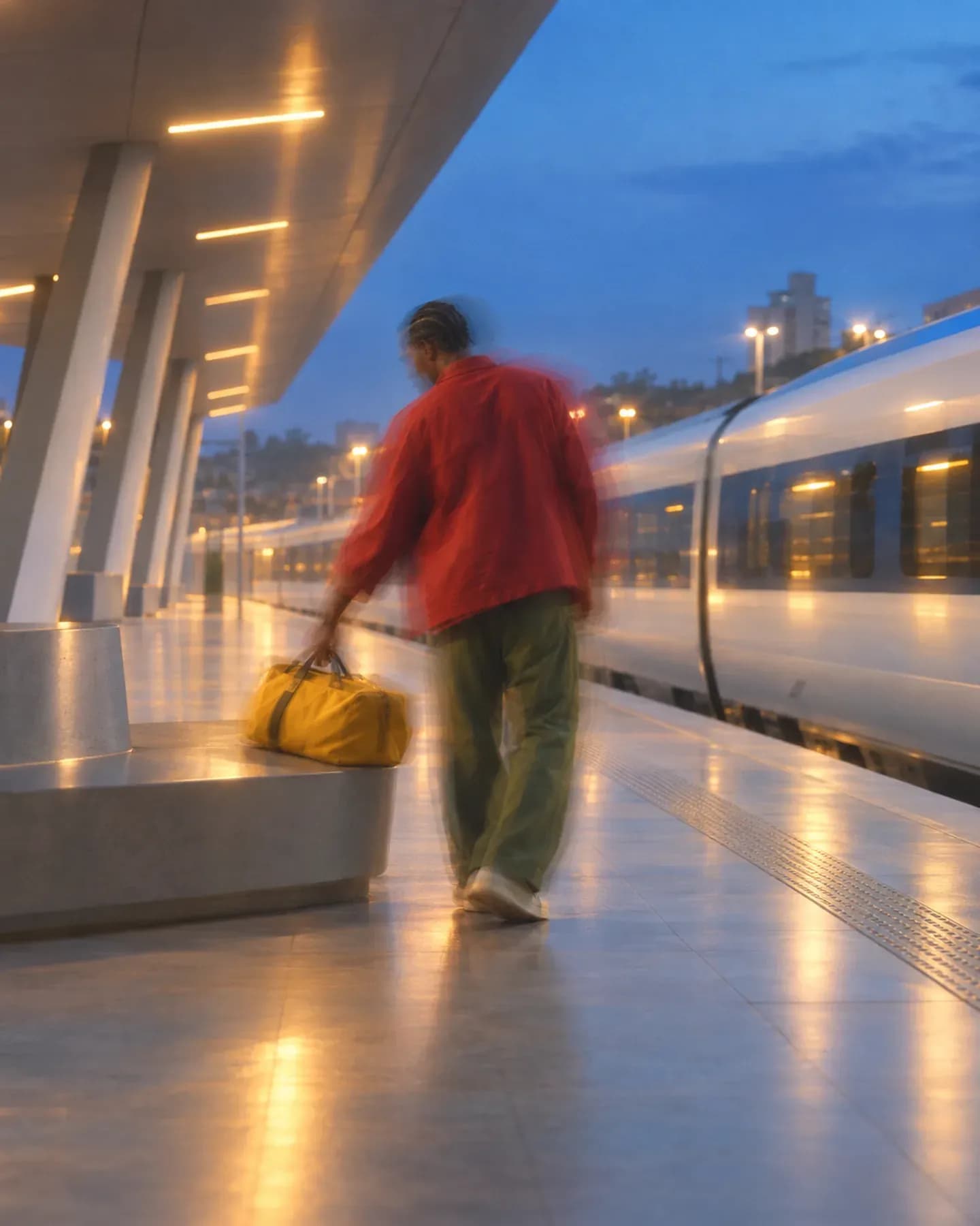 A man in a red jacket carries a yellow duffel along the illuminated platform of Diamniadio TER station near Dakar.