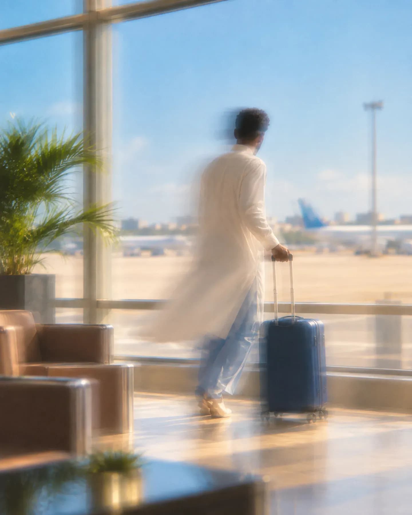 A man in a white tunic pulls a blue suitcase through the passenger lounge at Aden Adde International Airport in Mogadishu.