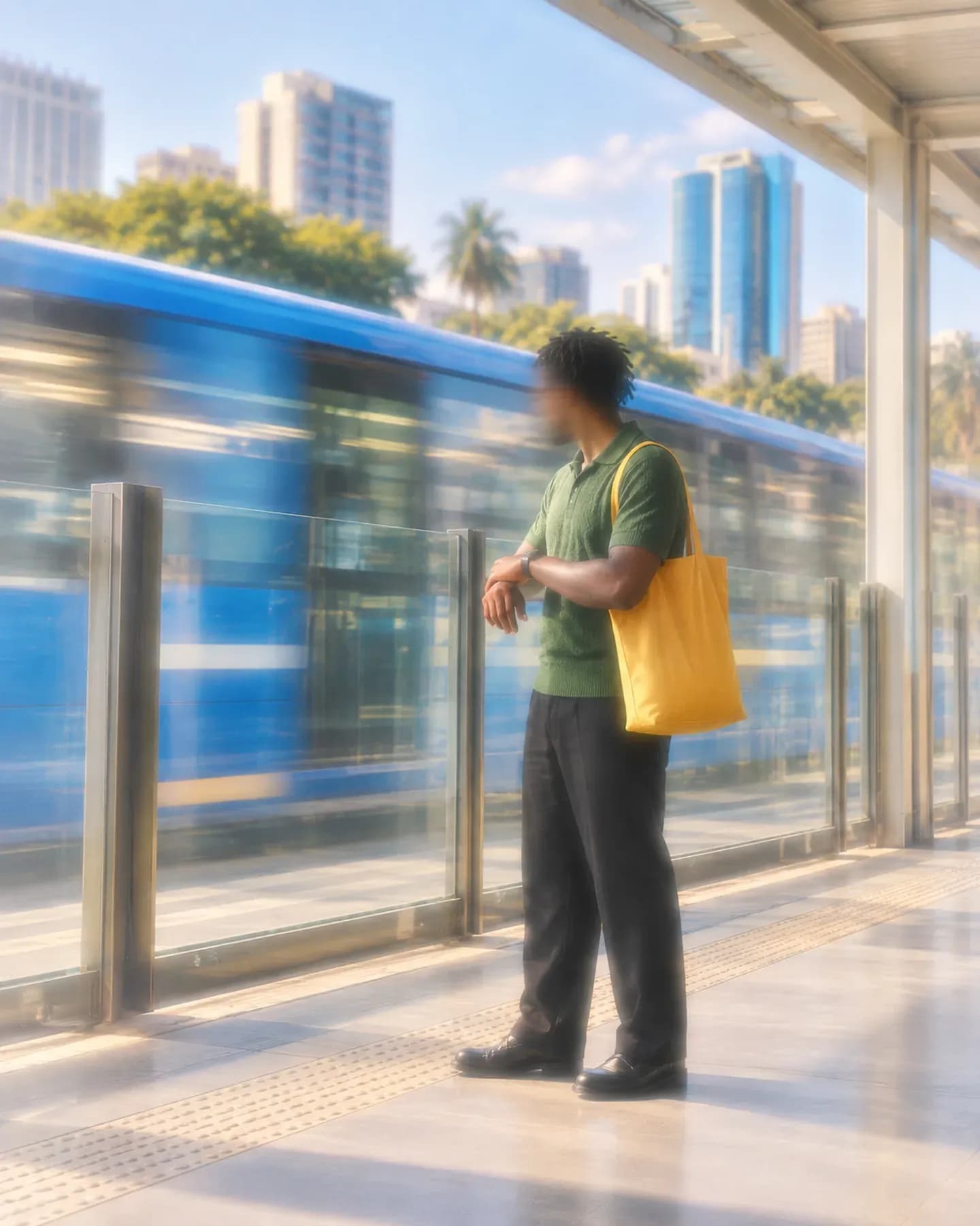 A man in a green polo with a yellow tote checks his wristwatch beside a blue bus at a DART station on Morogoro Road in Dar es Salaam.