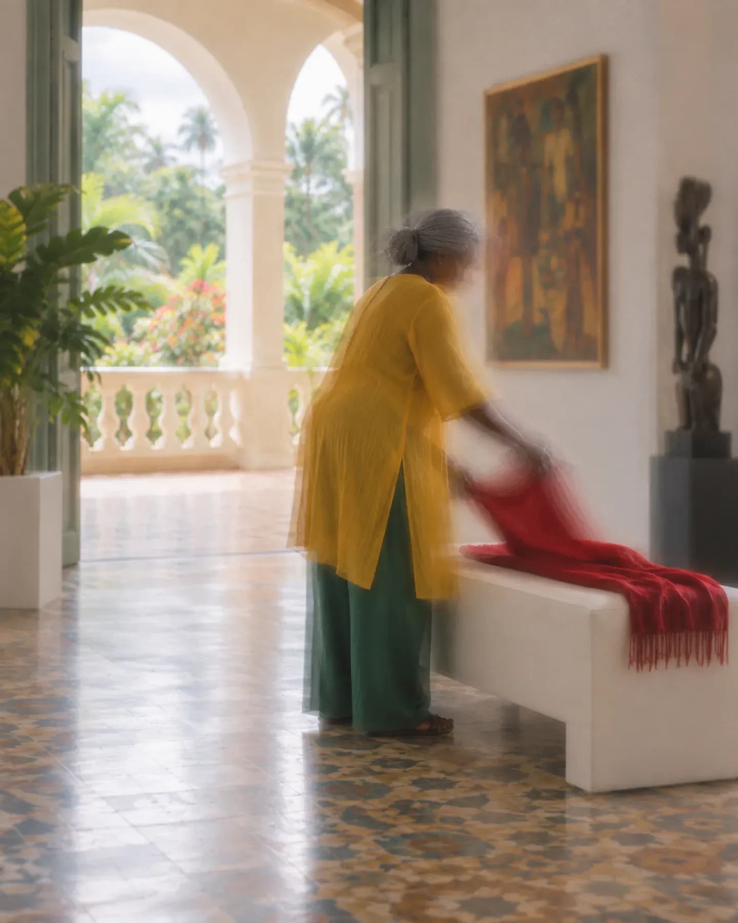 A woman in a yellow tunic folds a red scarf over a white bench inside Palais de Lome, beside an arched veranda.