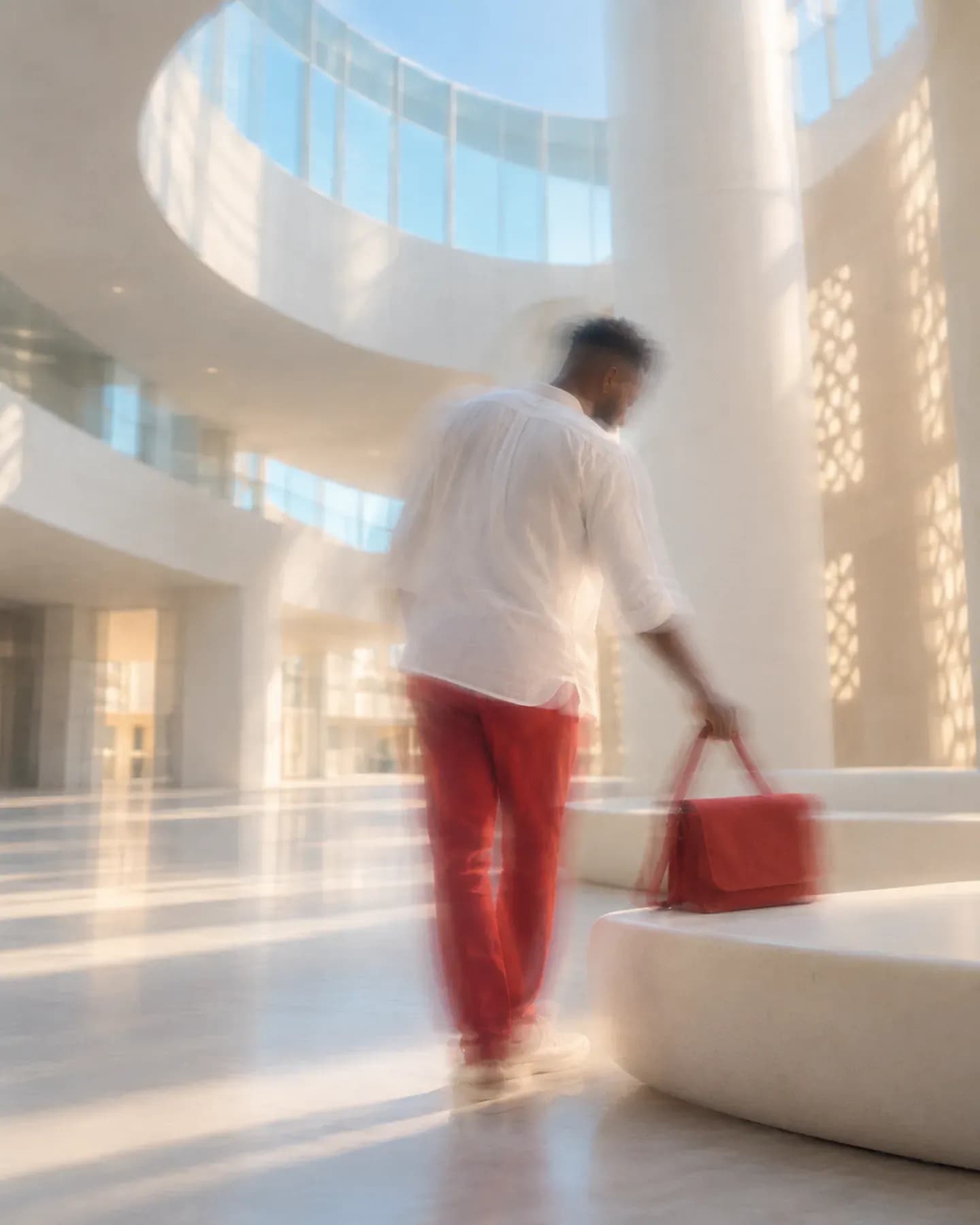 A man in a white shirt and red trousers places a red bag on a bench in the circular atrium of Cite de la Culture in Tunis.