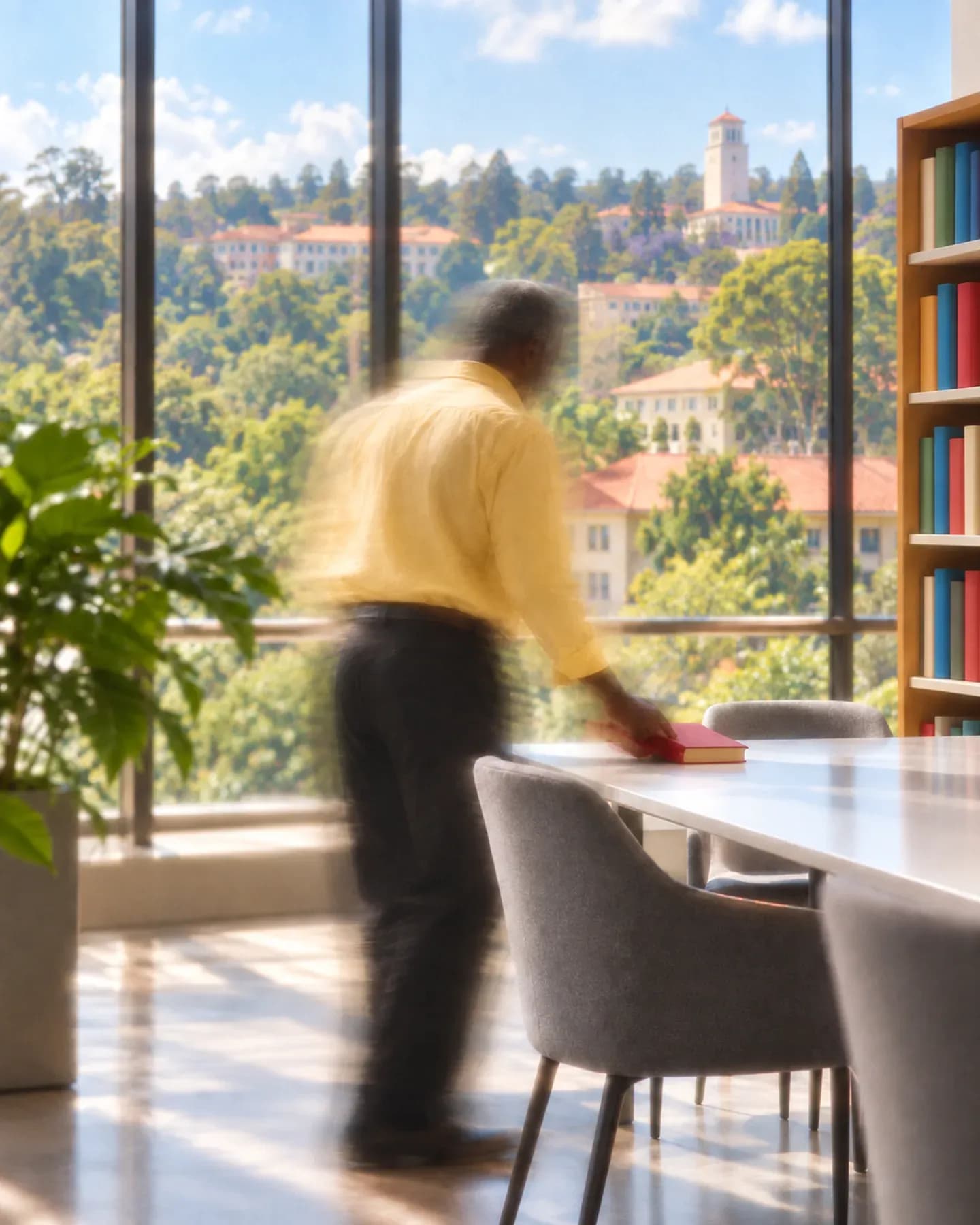 A man in a yellow shirt sets a red book on a library table overlooking Makerere University's hillside campus in Kampala.