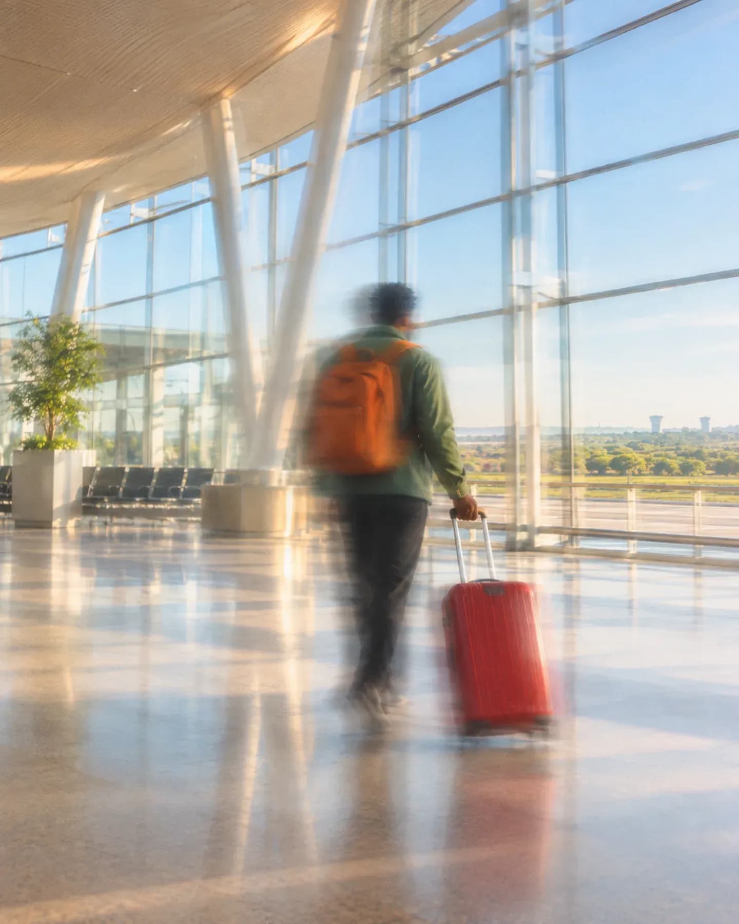 A man in a green jacket with an orange backpack pulls a red suitcase through Kenneth Kaunda International Airport in Lusaka.